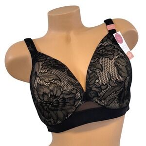 Cacique Womens Size 44C Modern Bliss Comfort Lightly Lined Plunge Bra Black Lace